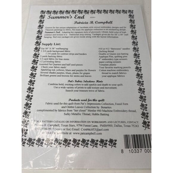 Summers End Quilt Pattern Kit By Patricia B. Campbell Jacobean Botanicals 2001 - Picture 3 of 5